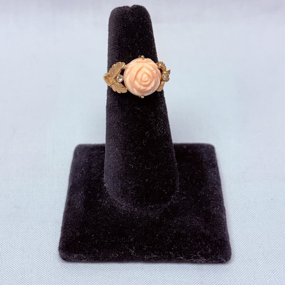 Vintage Avon Serena Coral Rose Rhinestone Gold Tone Ring Adjustable - Size 5-1/2